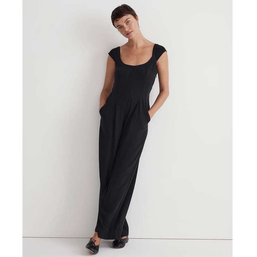 NWT‎ Madewell Cap-Sleeve Crop Wide-Leg Jumpsuit in Black Size 0